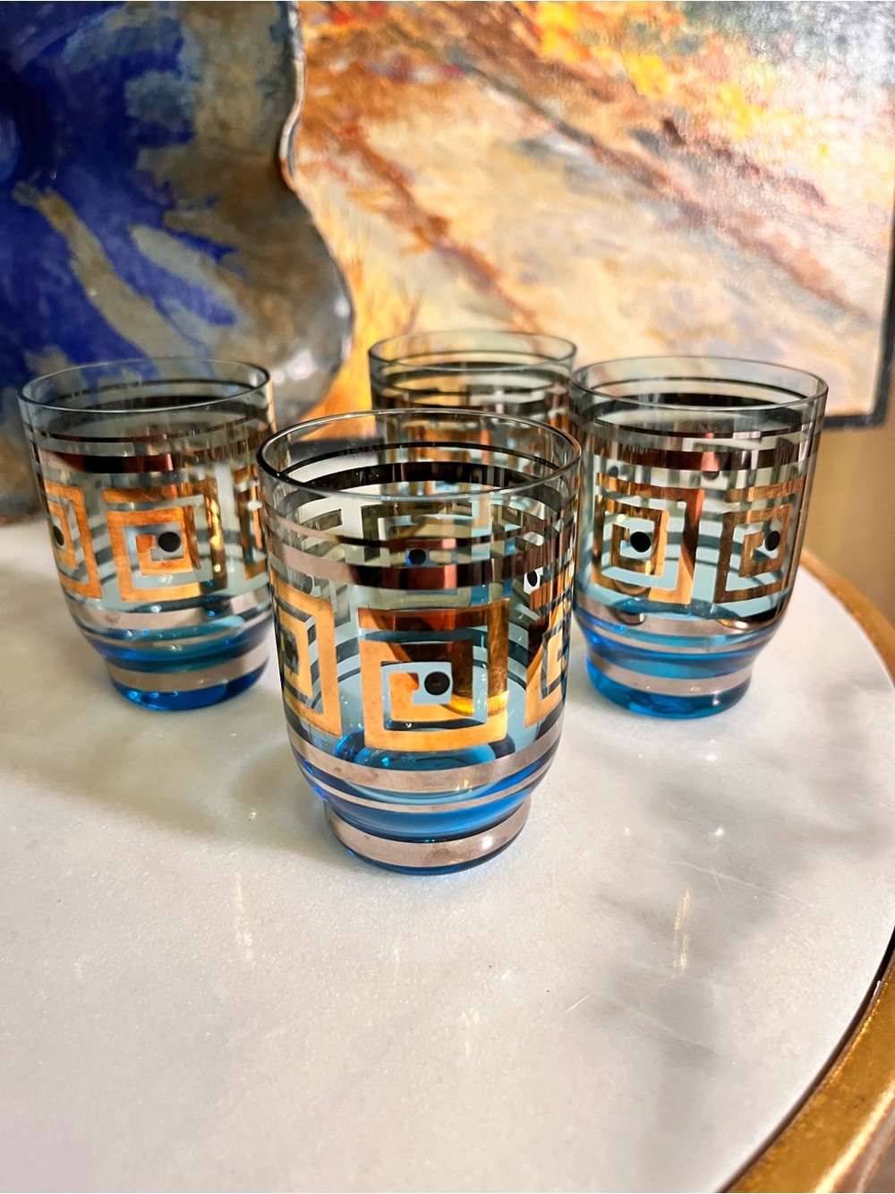 MCM style footed cocktail glasses (4) blue gold silver barware retro Greek key